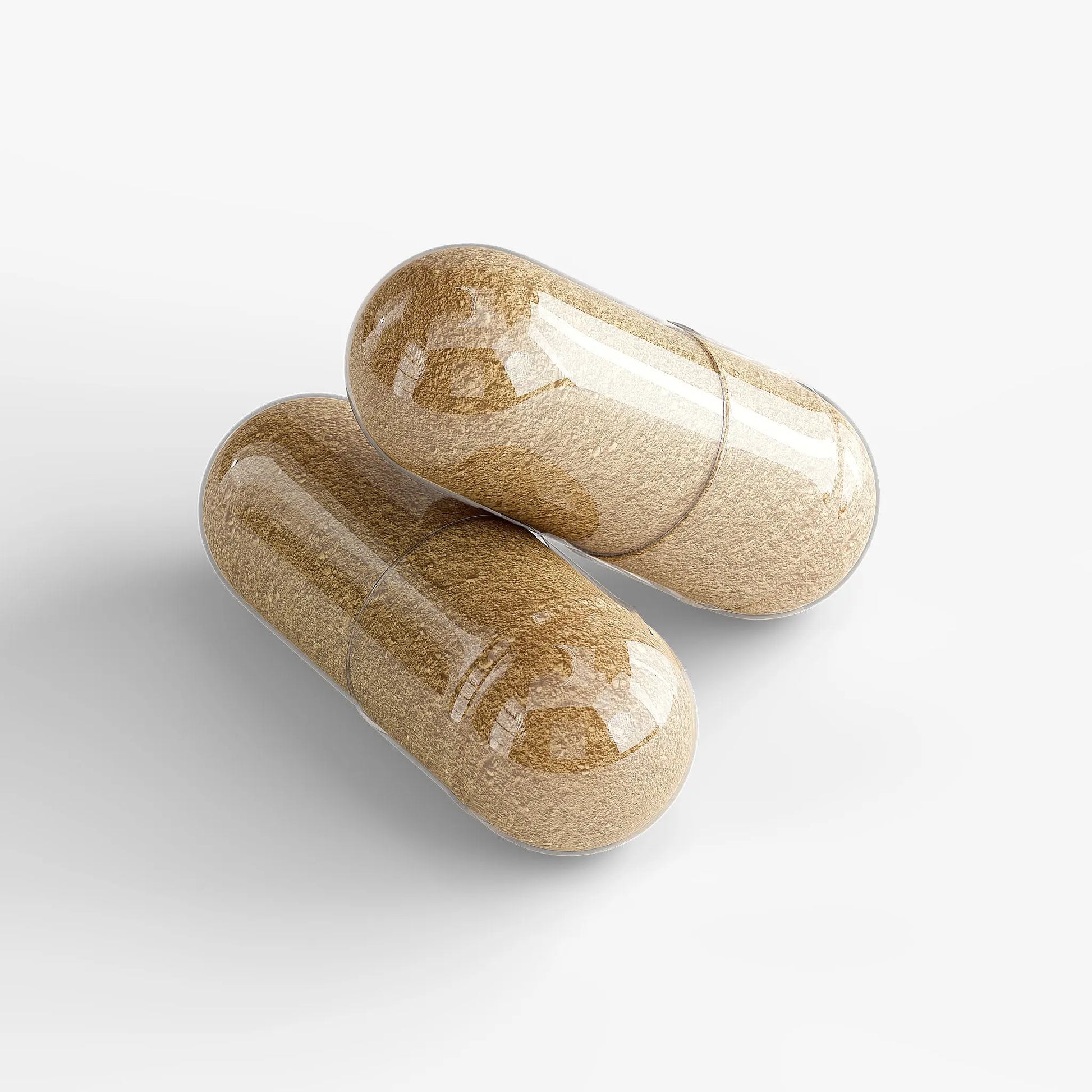 Two beige men's supplement capsules on a white background