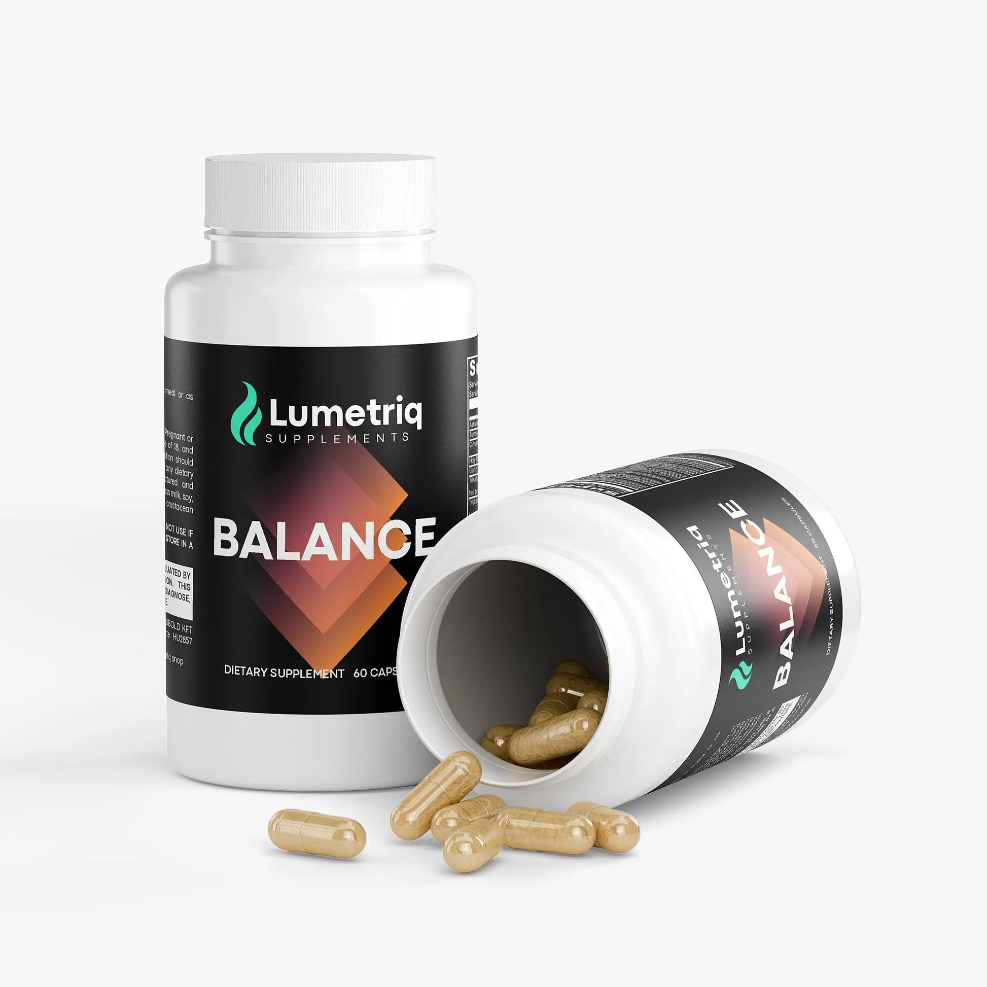 Lumetria Balance dietary supplement bottle with open cap showing capsules on a white background