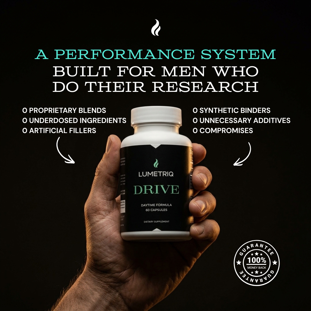 Hand holding a Lumetrig Drive supplement bottle with promotional text on a black background