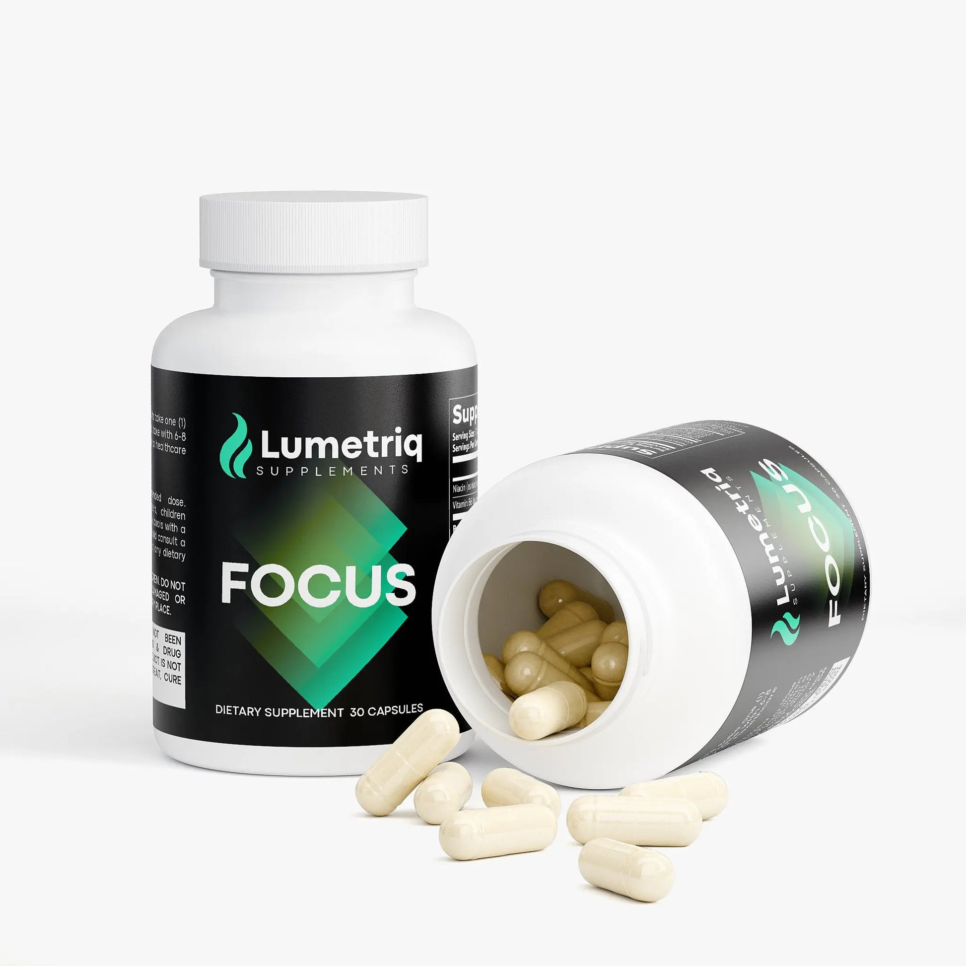 Lumetriq focus and memory supplements bottle with open cap on a white background