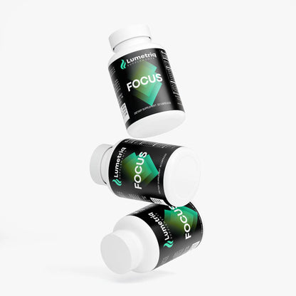 Three bottles of Lumetriq brain booster supplement for men on a white background