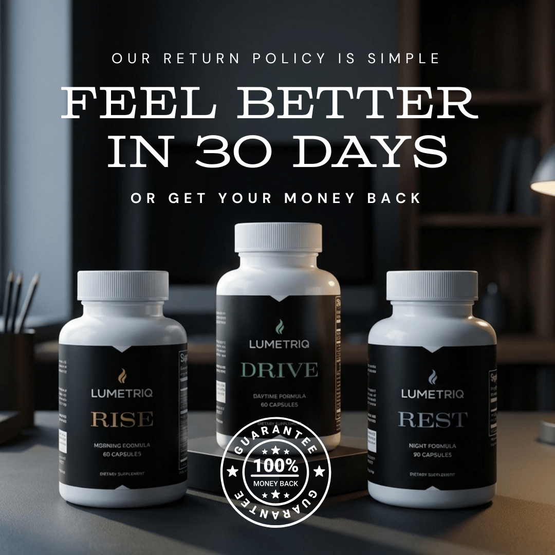 Three Lumetriq supplement bottles labeled 'Rise', 'Drive', and 'Rest' are on a table with promotional text.