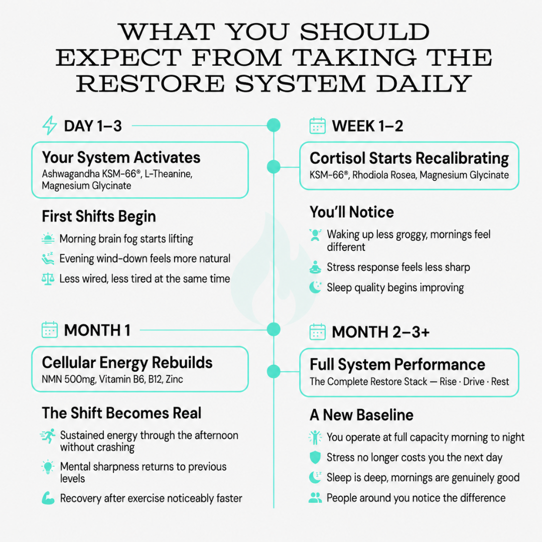 Infographic detailing the expected effects of the Lumetriq Restore System daily on various aspects of health and energy.