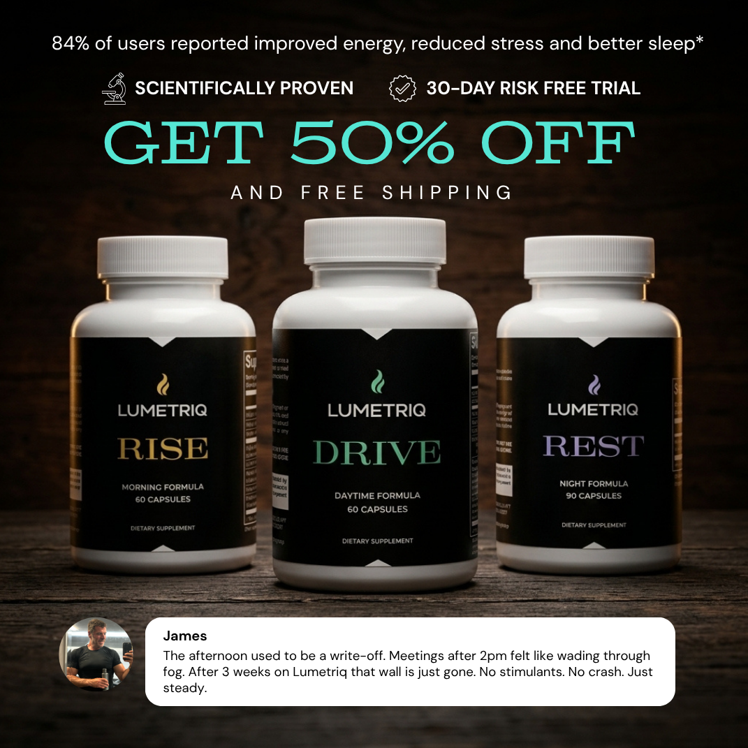 Three Lumetriq men's supplement bottles labeled 'Rise', 'Drive', and 'Rest' on a dark background with promotional text.