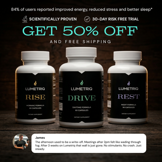 Three Lumetriq men's supplement bottles labeled 'Rise', 'Drive', and 'Rest' on a dark background with promotional text.