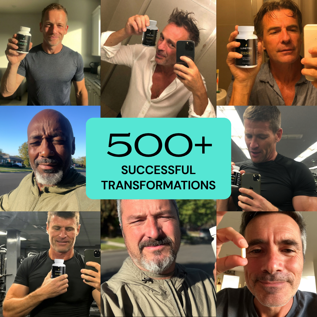 Collage of men holding a supplement bottle with text '500+ Successful Transformations'.