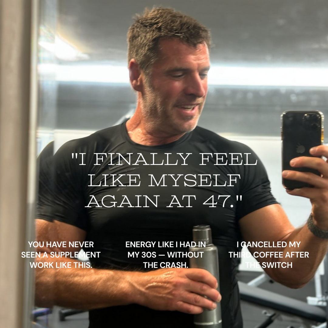 Man taking a selfie in a gym mirror with text about feeling like himself again at 47.